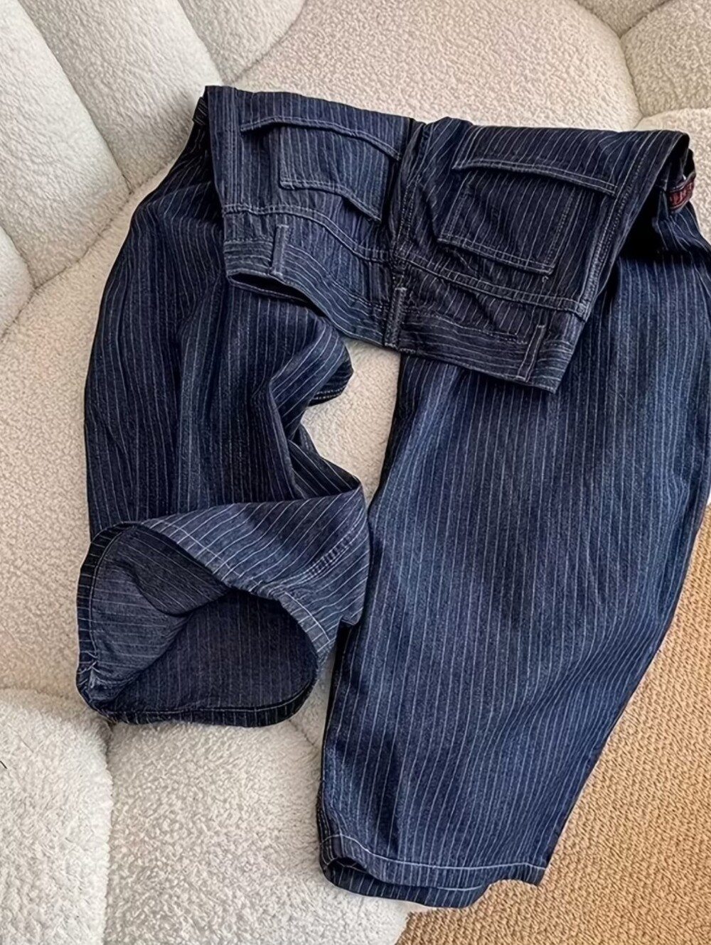 Washed Distressed Multi-pocket Striped Work Jeans, Stylish Design, Wide-leg - Picture 4 of 5